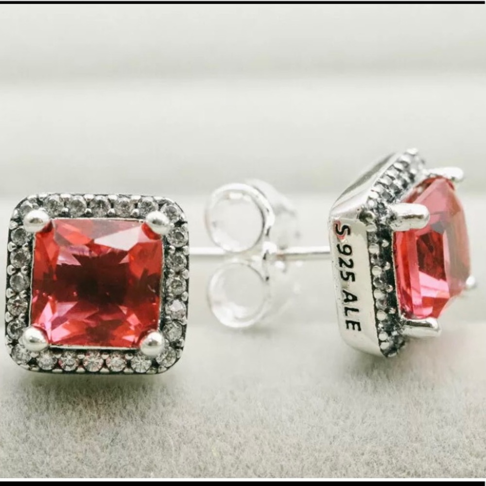 NEW Pandora 925 ALE Red Square Sparkling Halo Stud Earring